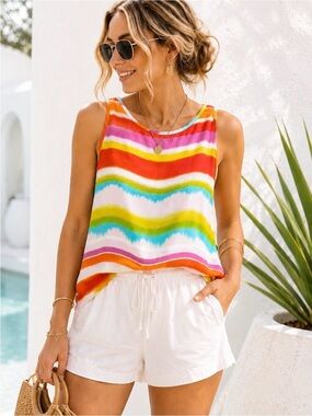 Rainbow Striped Sleeveless Tank Top | Flowy Summer Blouse | Medium